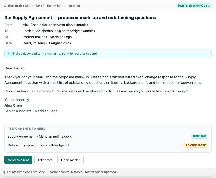 Partner-approved client email with redline and advice note attachments ready to send