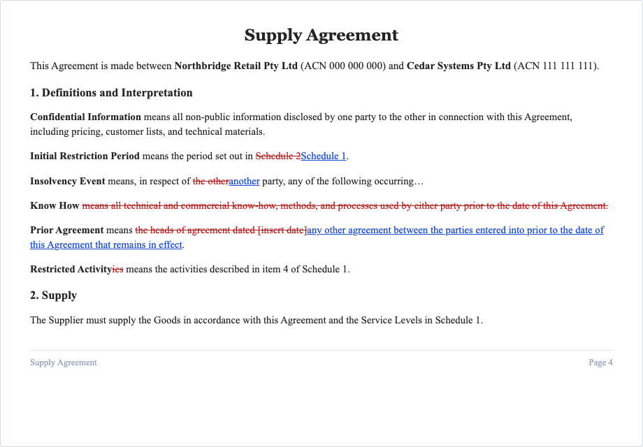 Legal document page showing tracked-change redlines with deletions and insertions