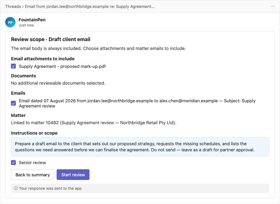 FountainPen review scope instructing a draft client email with selected attachments and matter context