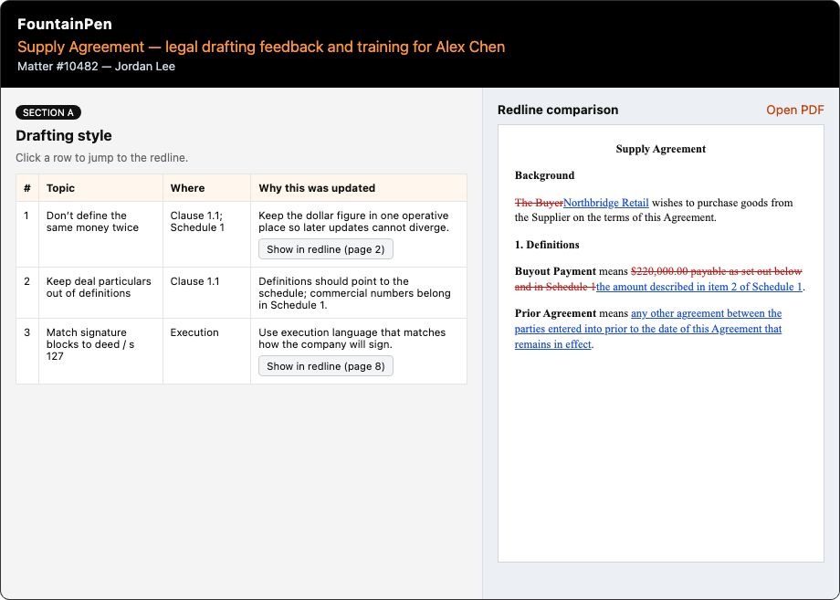 Interactive learning feedback panel beside a redline comparison, with Show in redline controls