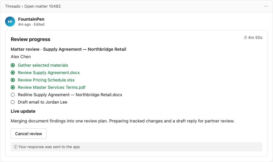 FountainPen matter review progress card listing documents under review with live updates